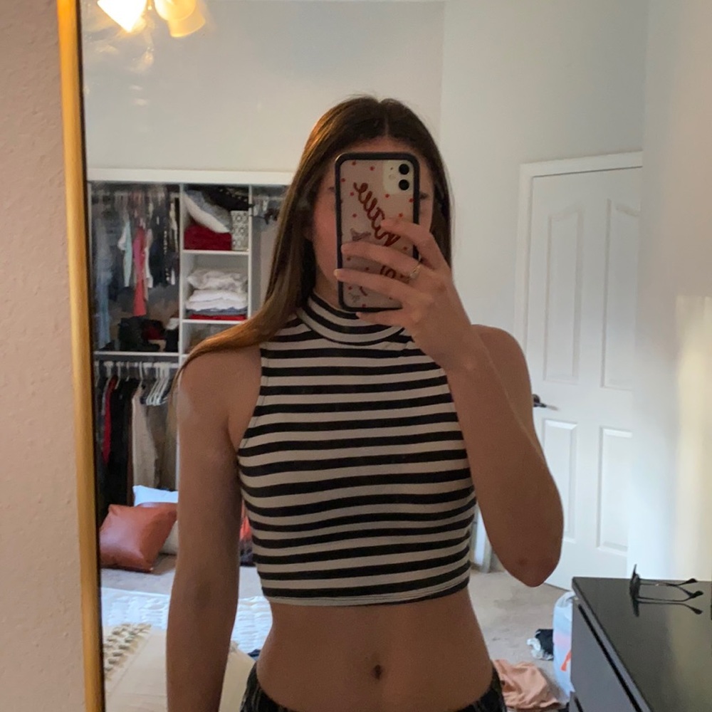 Open-back, mock neck crop top, black & white stripe